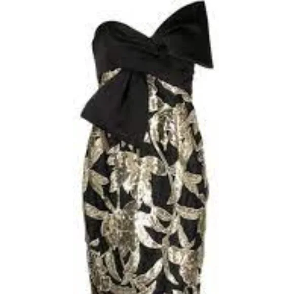 Marchessa Notte Lotus black gold floral sequin bow cocktail holiday midi dress 6 - Picture 2 of 8
